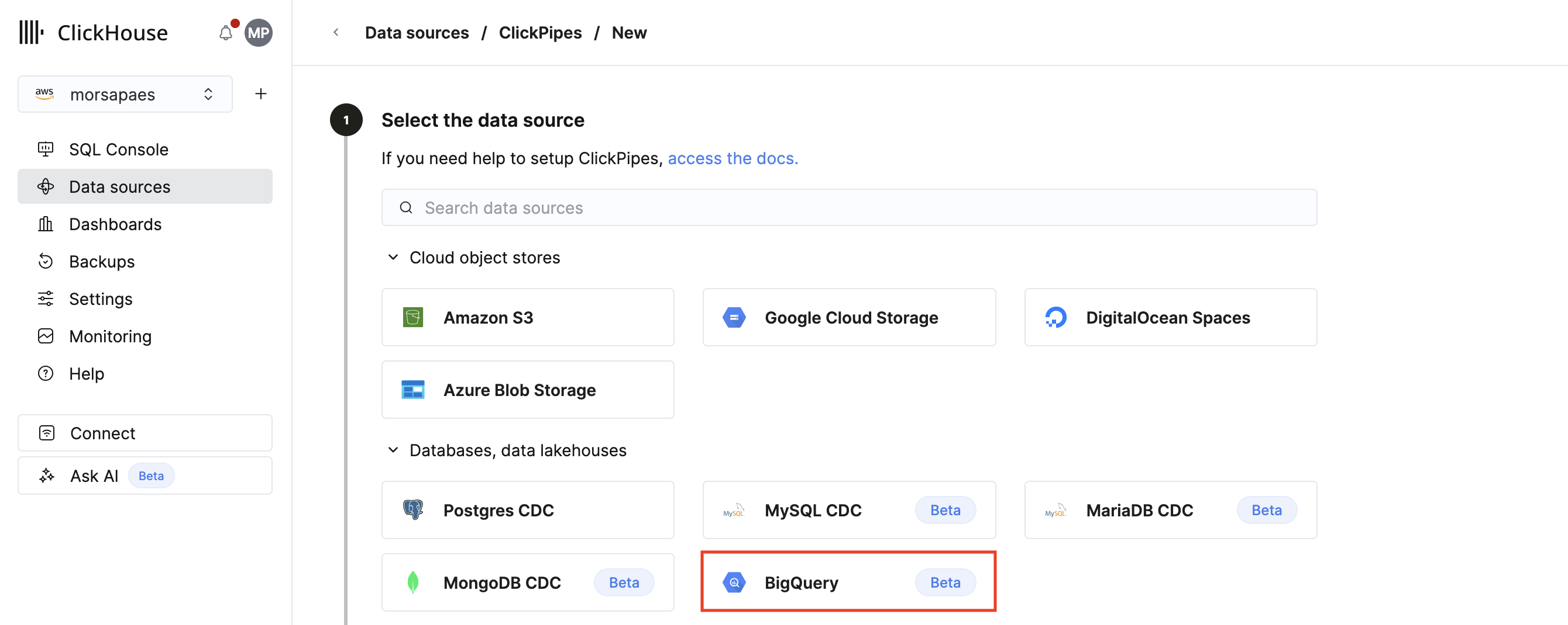 Выбор плитки BigQuery